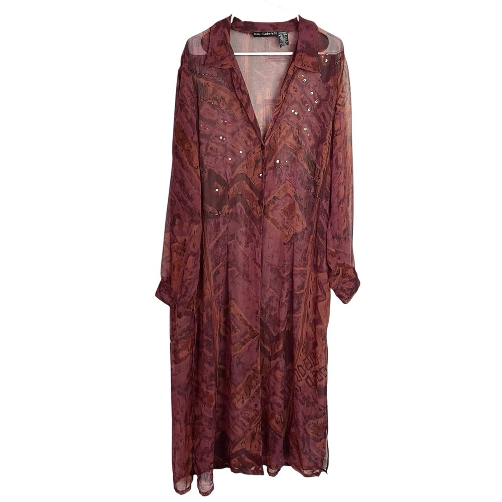 Mlle Gabrielle Womens Sheer Duster 2X Burgundy Sheer Beaded Abstract Long Sleeve